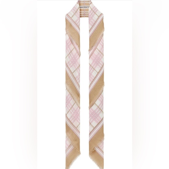 Burberry Check Wool & Silk Gauze Scarf- Archive Beige and Cherry - Picture 4 of 8